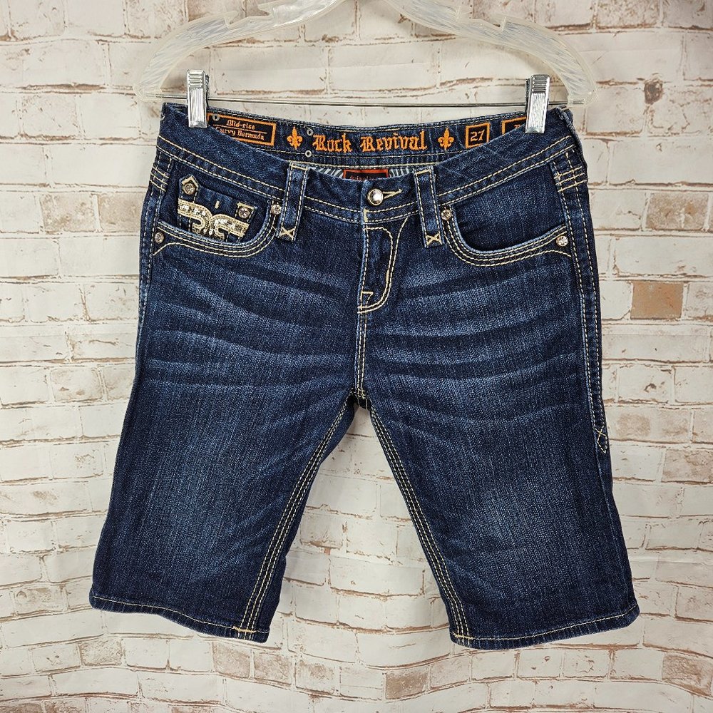 Rock Revival Size 27 Betty Curvy Mid Rise Denim Bermuda Jean Shorts Embellished